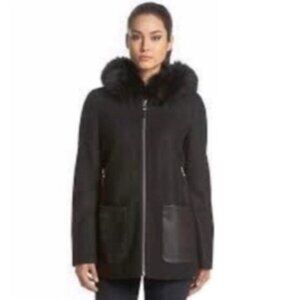 Calvin Klein Black Wool Blend Faux Fur Trim Coat With Faux Leather Front Pockets